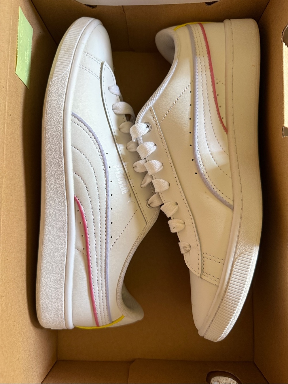 Puma White Leather Sneakers with Pink, Purple & Yellow Accents